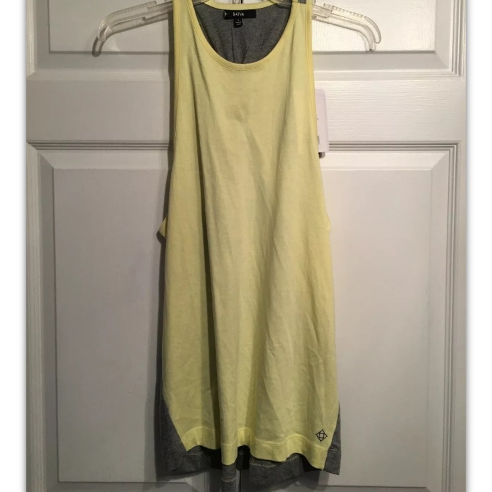 NWT SATVA Razor Tank Top Organic Cotton Yoga Top Tee • Size S Small  Yellow Gray